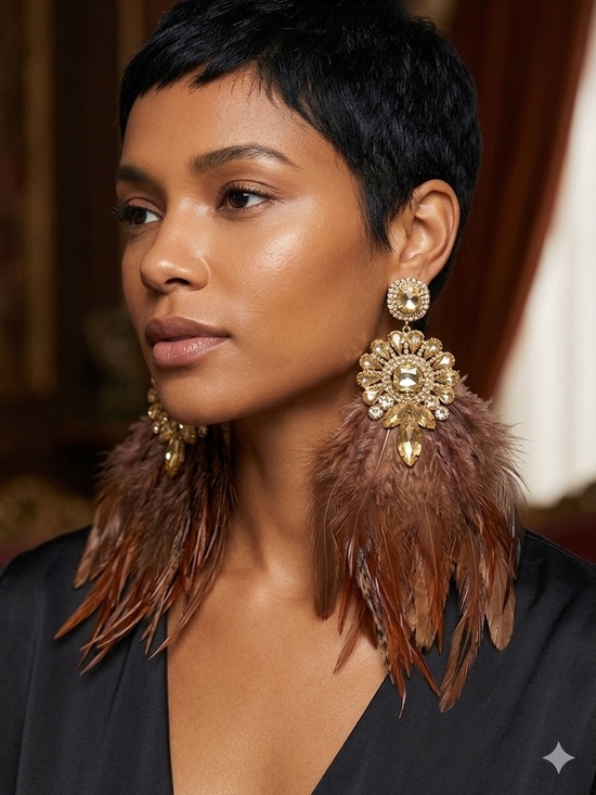 Jewelry - Gold and Brown Feather Statement Earrings